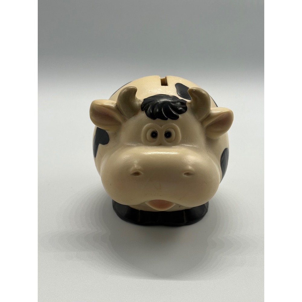 Vintage Spotted Cow Piggy Bank Cream Black Farmhouse Decor Figurine